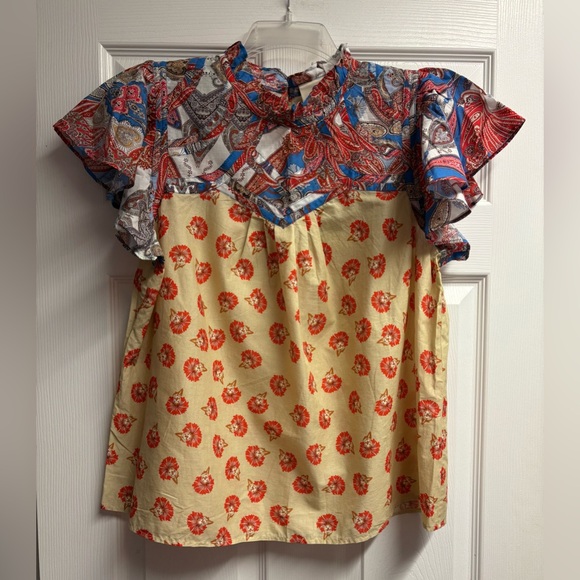 NWT Farm Rio Anthropologie Ruffle Sleeve Printed Blouse Size Large - Picture 2 of 5